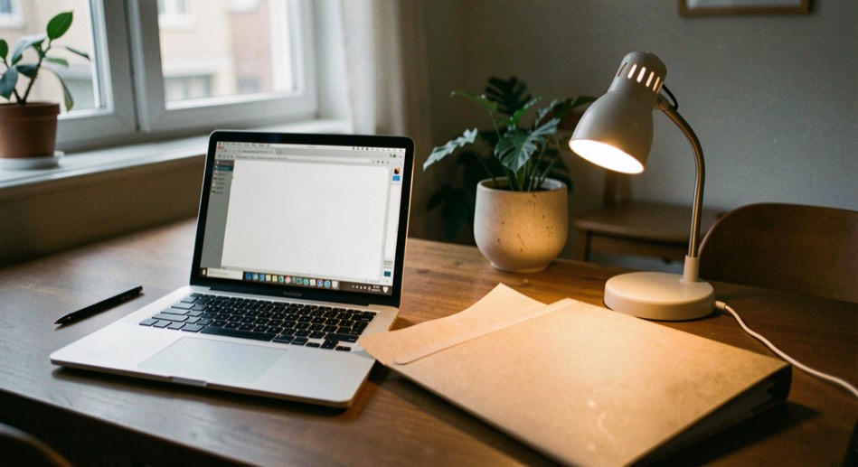 Documentary photograph of a laptop keyboard, a paper folder and a small desk lamp in a calm home workspace, screen turned away, no readable text, evening light. Distinct supporting card P402 4 composition for this editorial entry.