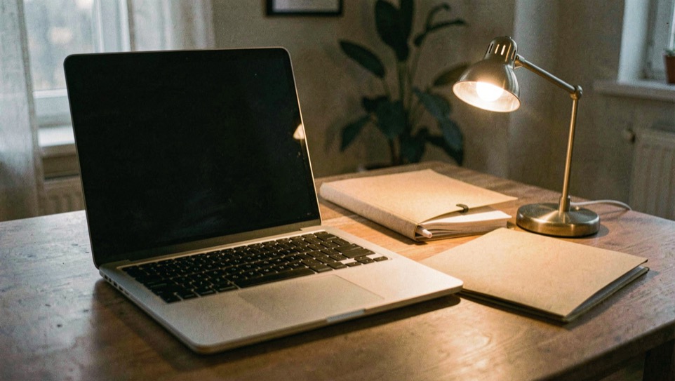Documentary photograph of a laptop keyboard, a paper folder and a small desk lamp in a calm home workspace, screen turned away, no readable text, evening light. Distinct supporting card P405 4 composition for this editorial entry.