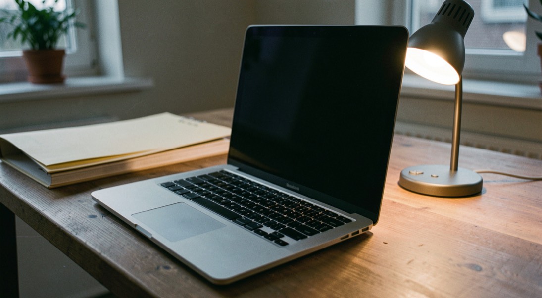 Documentary photograph of a laptop keyboard, a paper folder and a small desk lamp in a calm home workspace, screen turned away, no readable text, evening light. Distinct section Wissen 3 composition for this editorial entry.