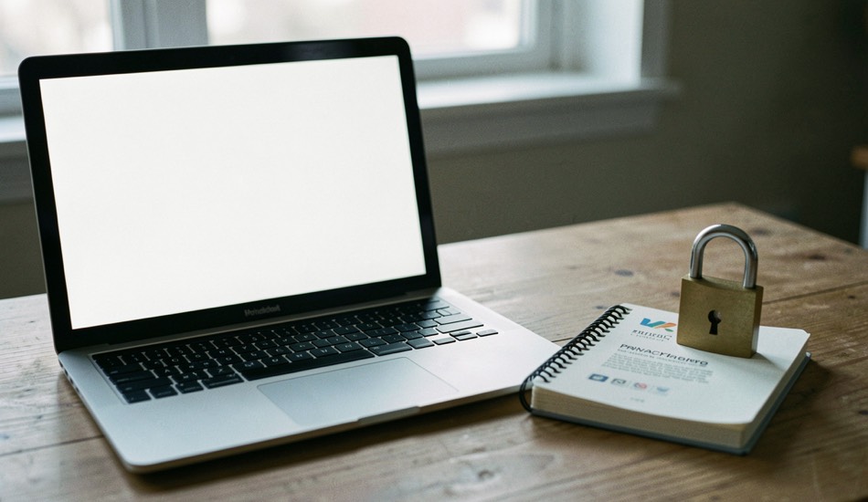 Documentary photograph of a laptop with a blank screen beside a small browser privacy notebook and a closed padlock, no readable interface, cool side light. Distinct lead composition for this editorial entry.