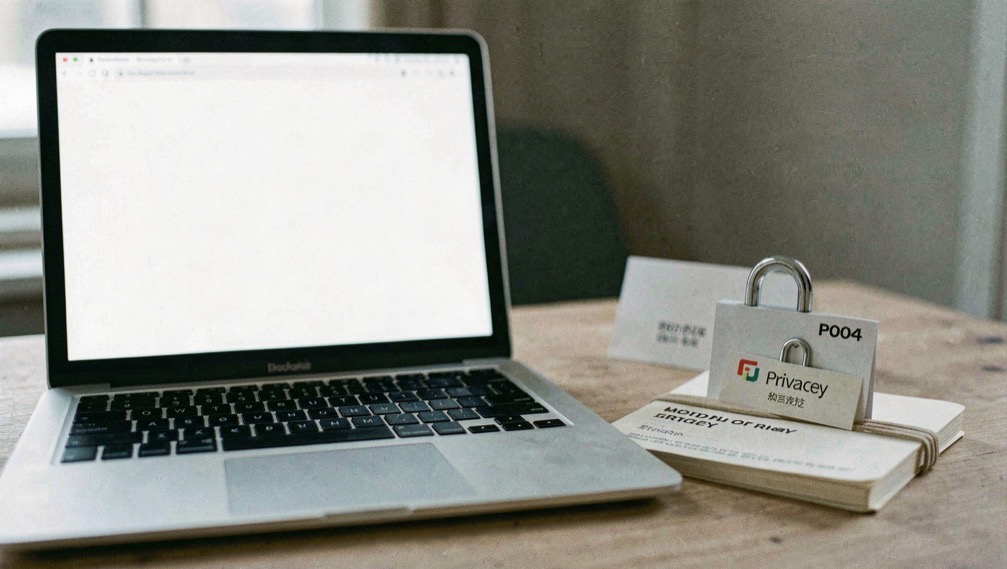 Documentary photograph of a laptop with a blank screen beside a small browser privacy notebook and a closed padlock, no readable interface, cool side light. Distinct supporting card P004 2 composition for this editorial entry.