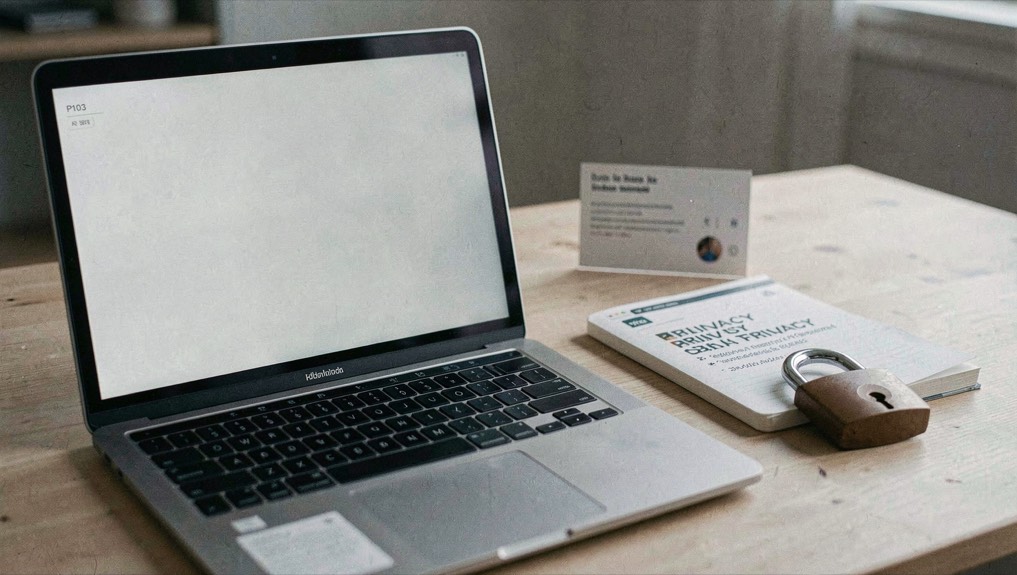 Documentary photograph of a laptop with a blank screen beside a small browser privacy notebook and a closed padlock, no readable interface, cool side light. Distinct supporting card P103 2 composition for this editorial entry.