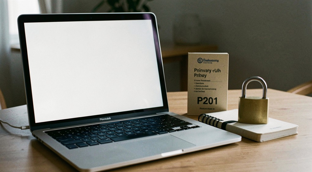 Documentary photograph of a laptop with a blank screen beside a small browser privacy notebook and a closed padlock, no readable interface, cool side light. Distinct supporting card P201 3 composition for this editorial entry.