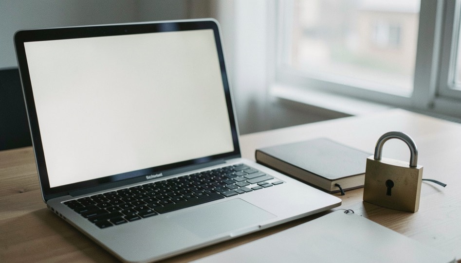 Documentary photograph of a laptop with a blank screen beside a small browser privacy notebook and a closed padlock, no readable interface, cool side light. Distinct section Sicherheit 2 composition for this editorial entry.