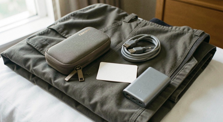 Documentary photograph of a travel pouch, charging cable, passport-sized blank card and compact power bank on a folded jacket, no readable text, hotel daylight. Distinct supporting card P104 3 composition for this editorial entry.