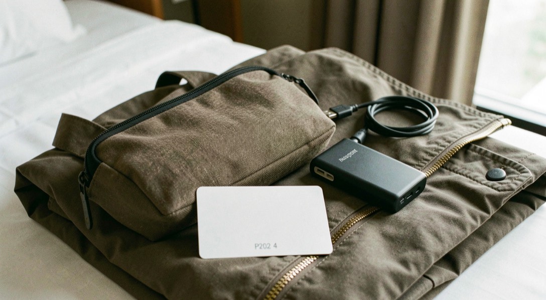 Documentary photograph of a travel pouch, charging cable, passport-sized blank card and compact power bank on a folded jacket, no readable text, hotel daylight. Distinct supporting card P202 4 composition for this editorial entry.