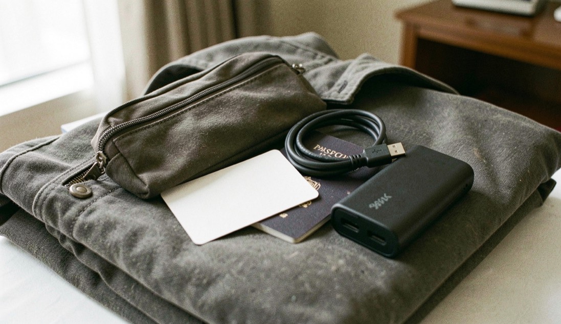 Documentary photograph of a travel pouch, charging cable, passport-sized blank card and compact power bank on a folded jacket, no readable text, hotel daylight. Distinct supporting card P403 4 composition for this editorial entry.