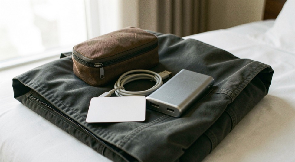 Documentary photograph of a travel pouch, charging cable, passport-sized blank card and compact power bank on a folded jacket, no readable text, hotel daylight. Distinct supporting card P404 4 composition for this editorial entry.