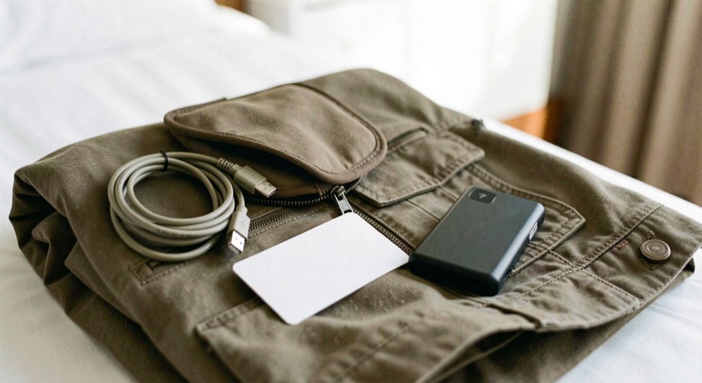 Documentary photograph of a travel pouch, charging cable, passport-sized blank card and compact power bank on a folded jacket, no readable text, hotel daylight. Distinct section Dateien & Backup 3 composition for this editorial entry.