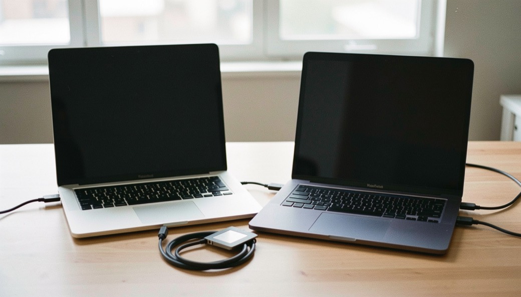 Documentary photograph of two different laptops beside a shared blank data card and a cable, screens turned away, no logos or writing, neutral daylight. Distinct supporting card P002 4 composition for this editorial entry.