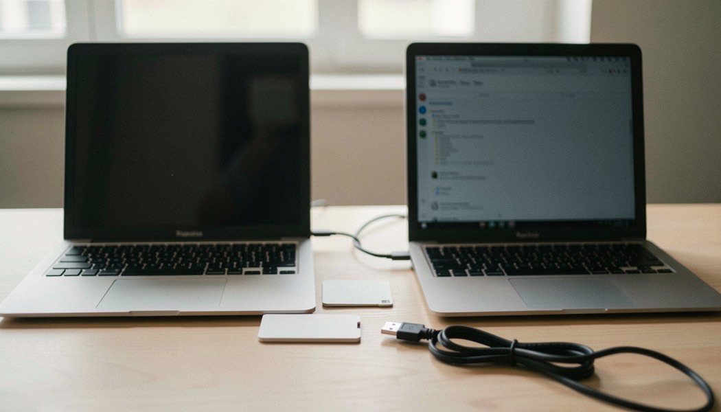 Documentary photograph of two different laptops beside a shared blank data card and a cable, screens turned away, no logos or writing, neutral daylight. Distinct supporting card P105 4 composition for this editorial entry.