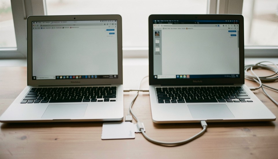Documentary photograph of two different laptops beside a shared blank data card and a cable, screens turned away, no logos or writing, neutral daylight. Distinct supporting card P108 4 composition for this editorial entry.