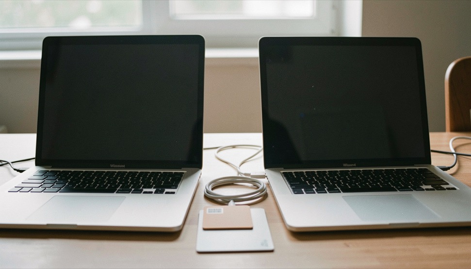 Documentary photograph of two different laptops beside a shared blank data card and a cable, screens turned away, no logos or writing, neutral daylight. Distinct section Wissen 4 composition for this editorial entry.