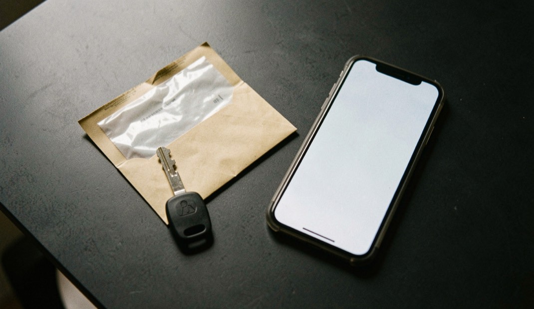 Documentary photograph of a spare security key, a sealed envelope and a phone with a blank screen on a dark table, no readable text, careful side light. Distinct lead composition for this editorial entry.