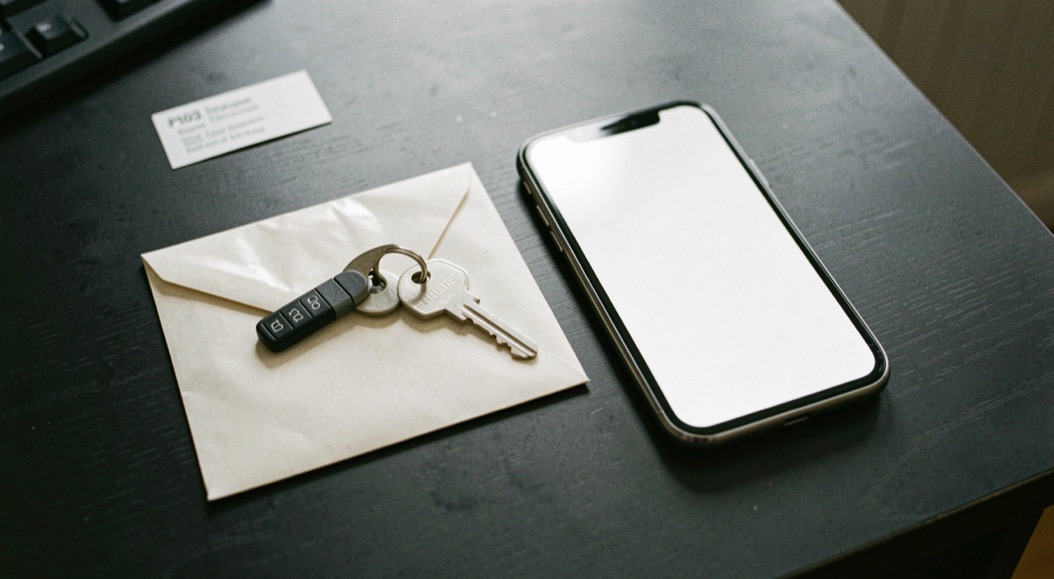 Documentary photograph of a spare security key, a sealed envelope and a phone with a blank screen on a dark table, no readable text, careful side light. Distinct supporting card P103 3 composition for this editorial entry.