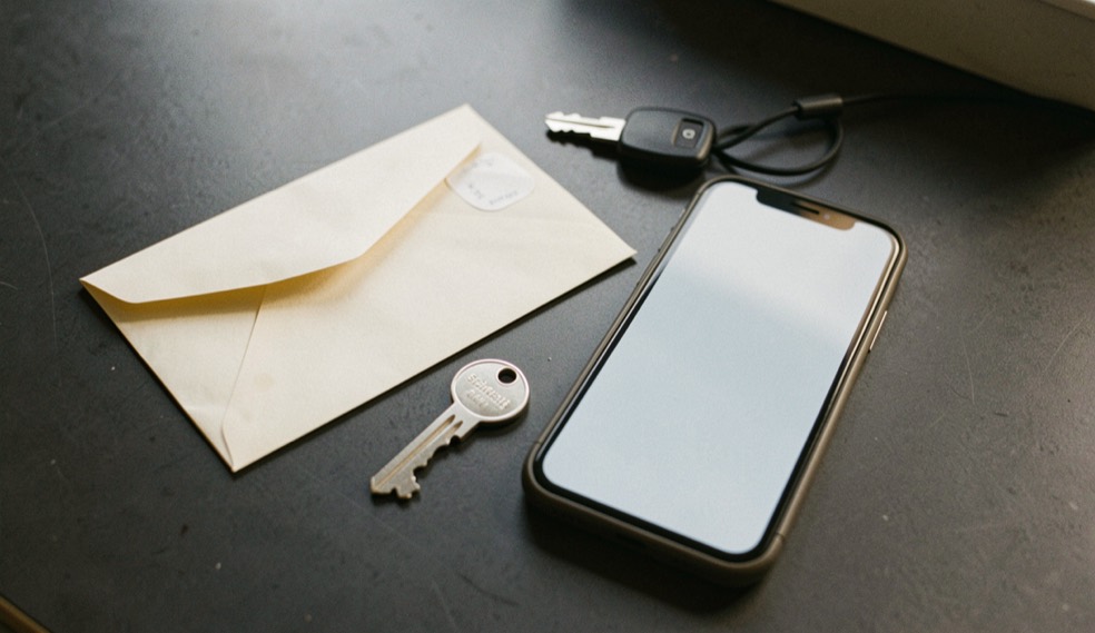 Documentary photograph of a spare security key, a sealed envelope and a phone with a blank screen on a dark table, no readable text, careful side light. Distinct section Sicherheit 3 composition for this editorial entry.