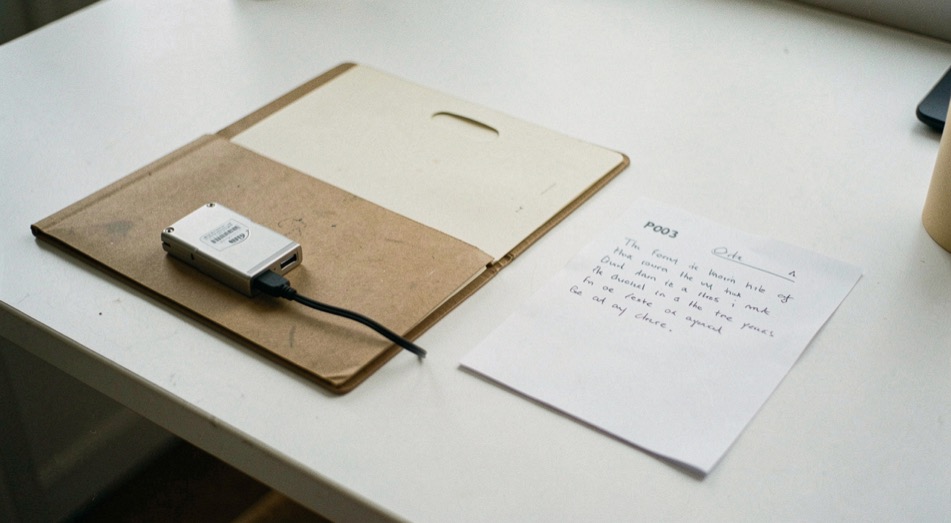 Documentary photograph of a small external drive, a restored blank folder and a handwritten test sheet turned away, no legible writing, clear morning light. Distinct supporting card P003 4 composition for this editorial entry.