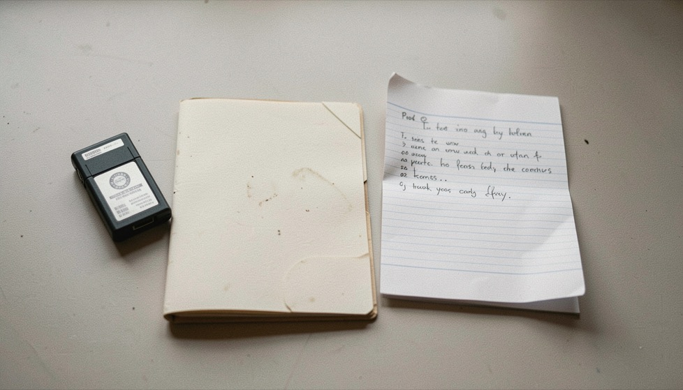 Documentary photograph of a small external drive, a restored blank folder and a handwritten test sheet turned away, no legible writing, clear morning light. Distinct supporting card P104 4 composition for this editorial entry.