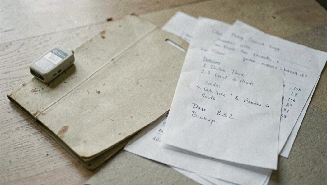 Documentary photograph of a small external drive, a restored blank folder and a handwritten test sheet turned away, no legible writing, clear morning light. Distinct section Dateien & Backup 4 composition for this editorial entry.