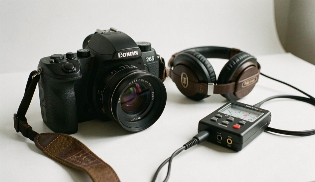Documentary photograph of a camera, microphone, headphones and a small audio meter ready for a test recording, no visible labels or screens, clean studio light. Distinct home journal 7 composition for this editorial entry.