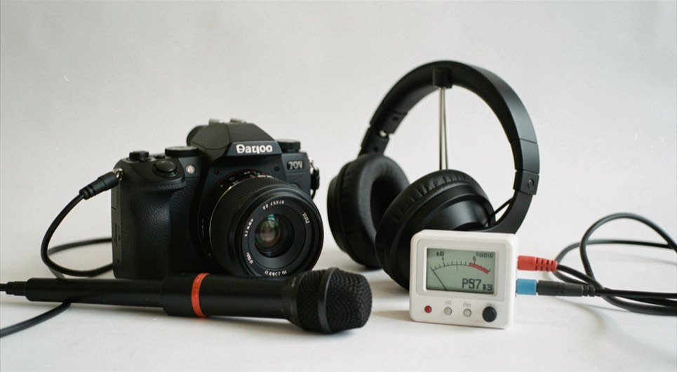 Documentary photograph of a camera, microphone, headphones and a small audio meter ready for a test recording, no visible labels or screens, clean studio light. Distinct supporting card P107 3 composition for this editorial entry.
