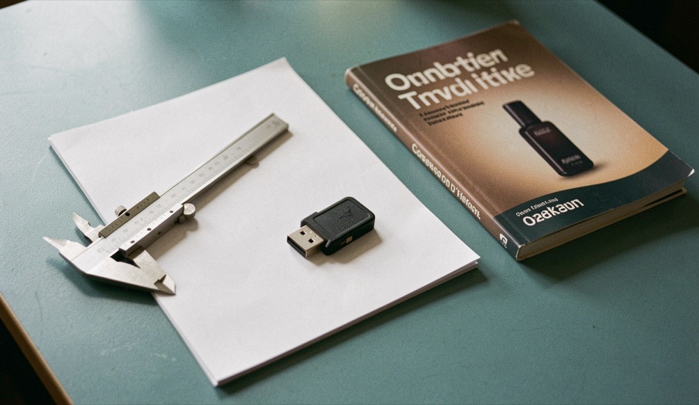 Documentary photograph of a blank comparison sheet, a caliper, a USB drive and two closed software manuals on a blue-green table, no readable text, soft light. Distinct lead composition for this editorial entry.