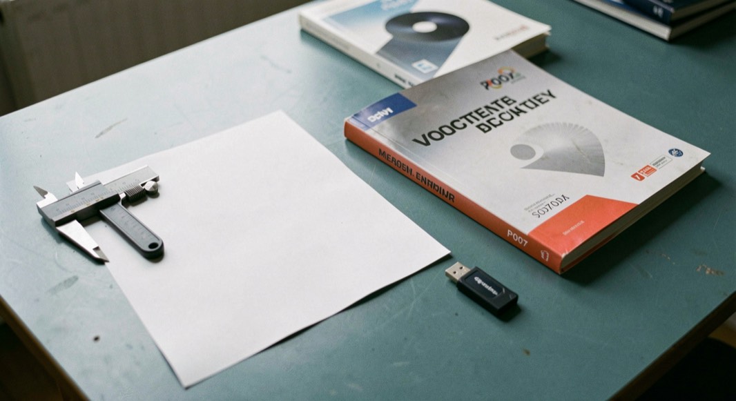 Documentary photograph of a blank comparison sheet, a caliper, a USB drive and two closed software manuals on a blue-green table, no readable text, soft light. Distinct supporting card P007 1 composition for this editorial entry.