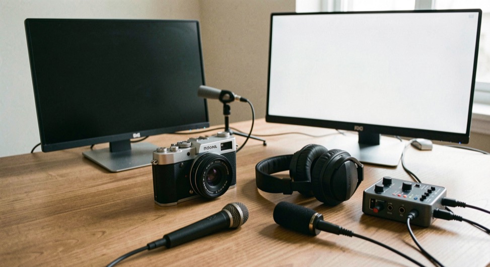 Documentary photograph of a small audio mixer with knobs, headphones, a coiled cable and a smartphone lying face-down on a studio desk, no readable displays or logos, soft side light. Distinct supporting card P204 4 composition for this editorial entry.