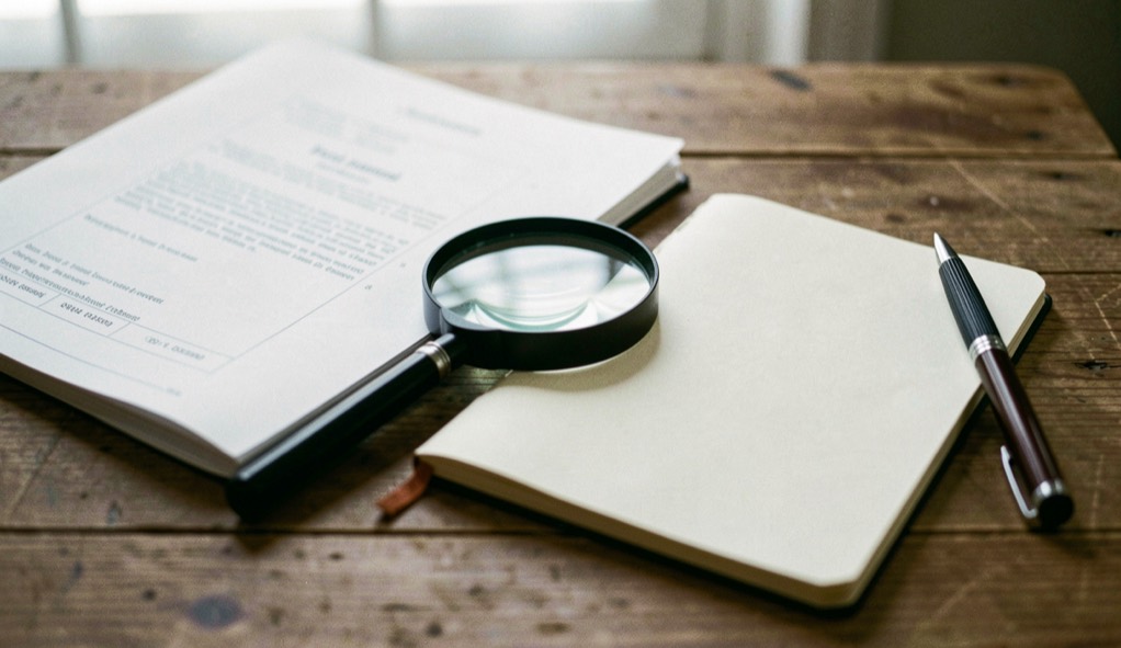 Documentary photograph of printed source folders, a magnifying glass and a blank research notebook on a wooden table, no readable writing, soft daylight. Distinct lead composition for this editorial entry.