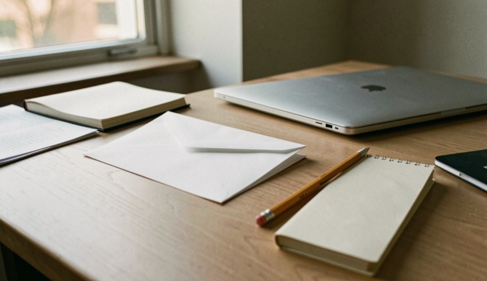 Documentary photograph of a blank envelope, pencil, notebook and closed laptop on a calm editorial desk, no readable text, warm window light. Distinct lead composition for this editorial entry.