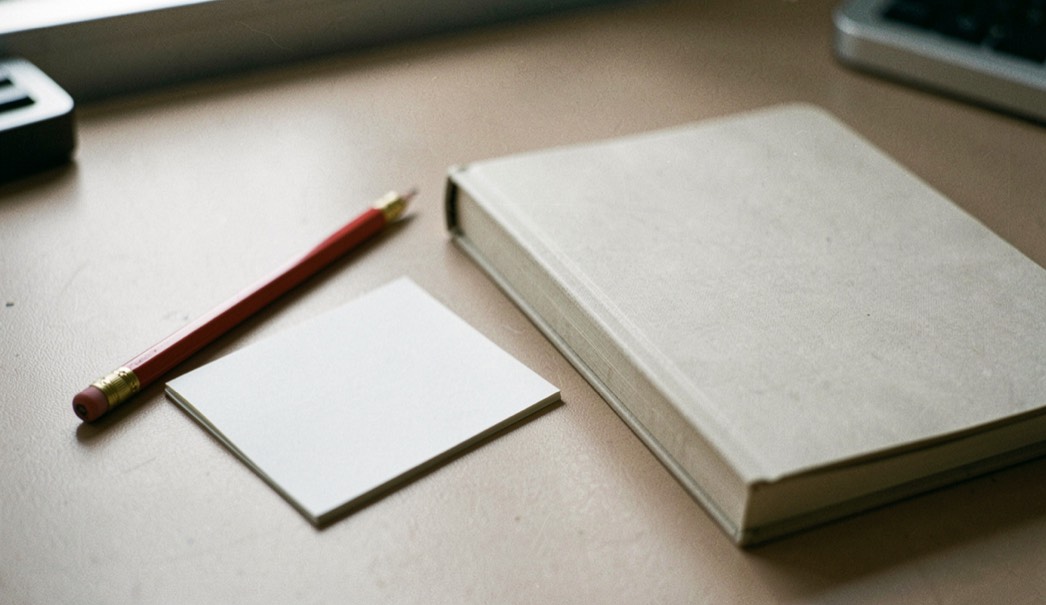 Documentary photograph of a red pencil, blank correction cards and a closed notebook arranged on a desk, no legible writing, clear north-facing light. Distinct lead composition for this editorial entry.