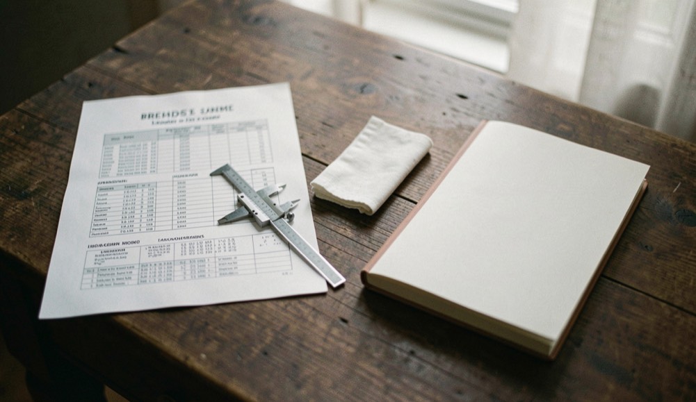 Documentary photograph of a printed breed standard sheet beside a small caliper, a folded white cloth card and a blank notebook on a dark wooden table, no readable text, calm window light. Distinct lead composition for this editorial entry.