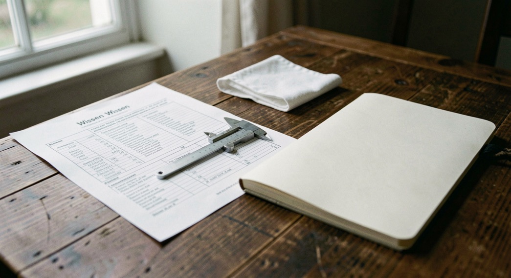 Documentary photograph of a printed breed standard sheet beside a small caliper, a folded white cloth card and a blank notebook on a dark wooden table, no readable text, calm window light. Distinct section Wissen 6 composition for this editorial entry.