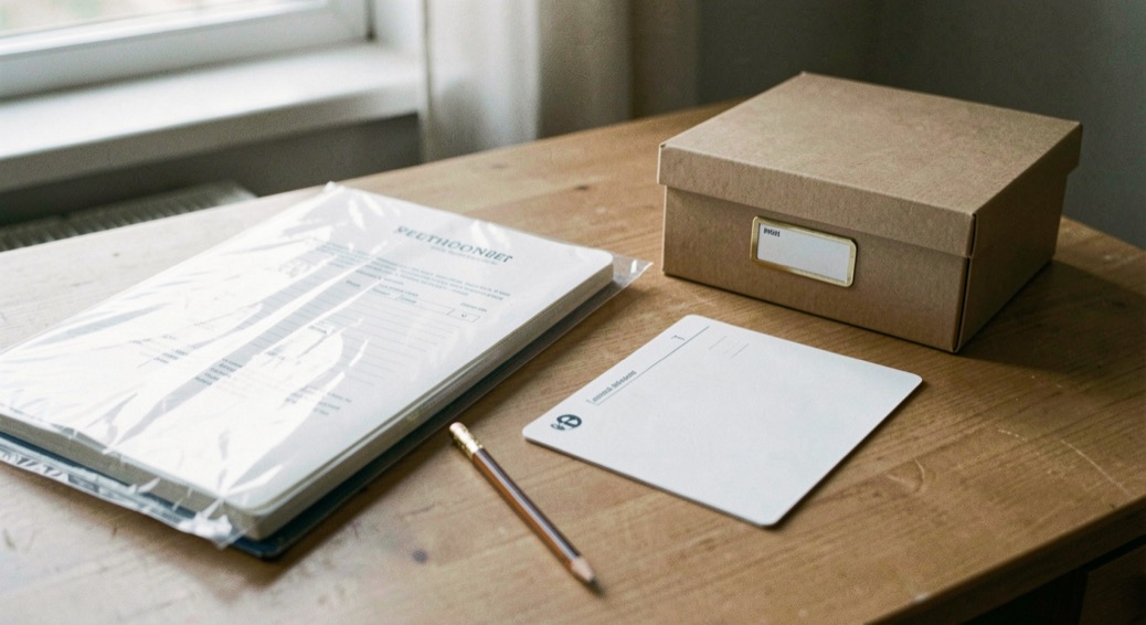 Documentary photograph of a sealed document folder, a blank health record card, a pencil and a small archive box on a quiet desk, no readable writing, soft side light. Distinct lead composition for this editorial entry.