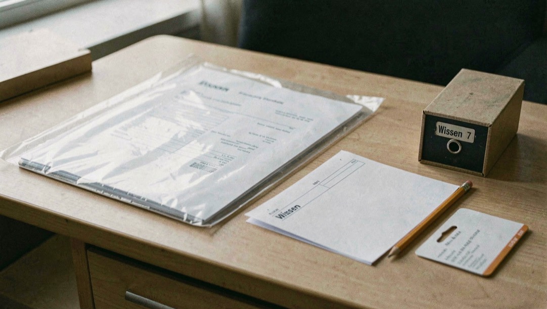 Documentary photograph of a sealed document folder, a blank health record card, a pencil and a small archive box on a quiet desk, no readable writing, soft side light. Distinct section Wissen 7 composition for this editorial entry.