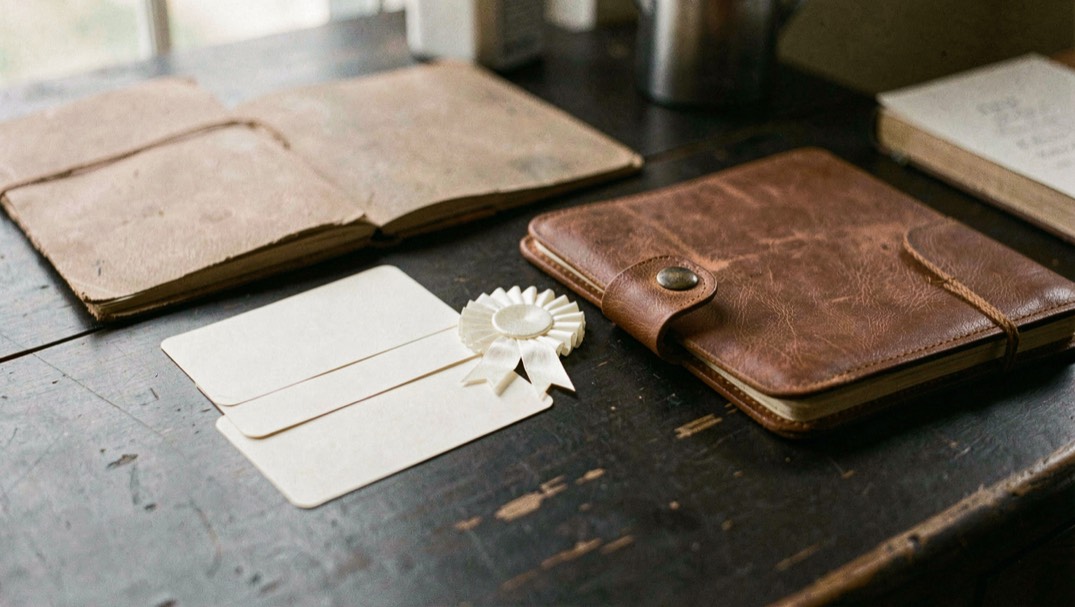 Documentary photograph of blank judging cards, a small plain rosette without text, a leather document folder and a notebook on a dark table, no readable writing, warm side light. Distinct lead composition for this editorial entry.