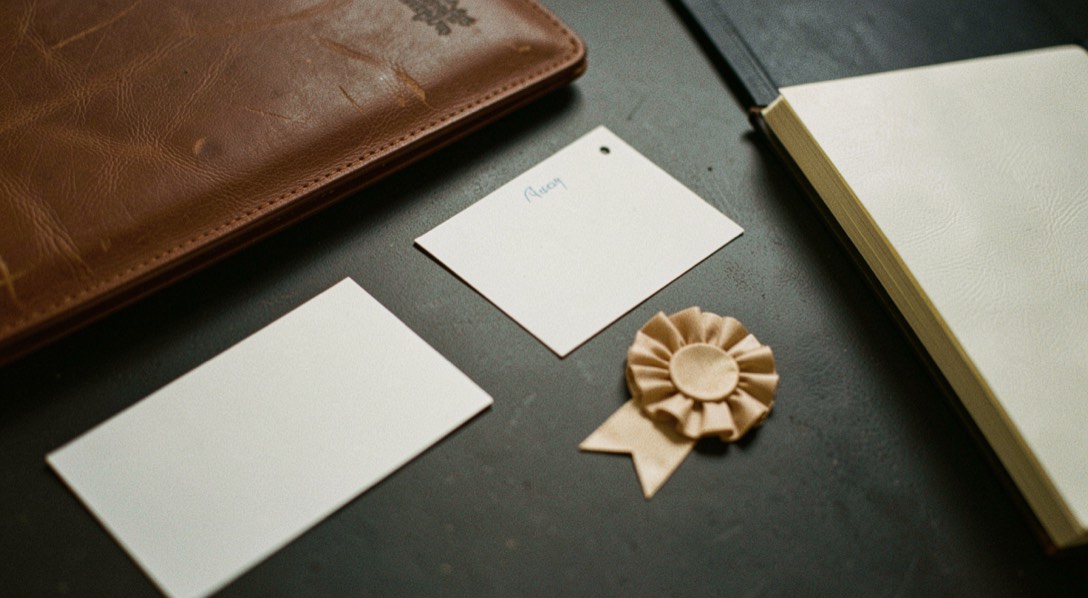 Documentary photograph of blank judging cards, a small plain rosette without text, a leather document folder and a notebook on a dark table, no readable writing, warm side light. Distinct section Dateien & Backup 5 composition for this editorial entry.