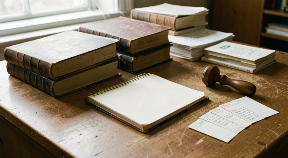Documentary photograph of bound chronicle volumes, a blank ledger, a wooden stamp and loose index cards on a wide archive table, no readable writing, late afternoon light. Distinct lead composition for this editorial entry.