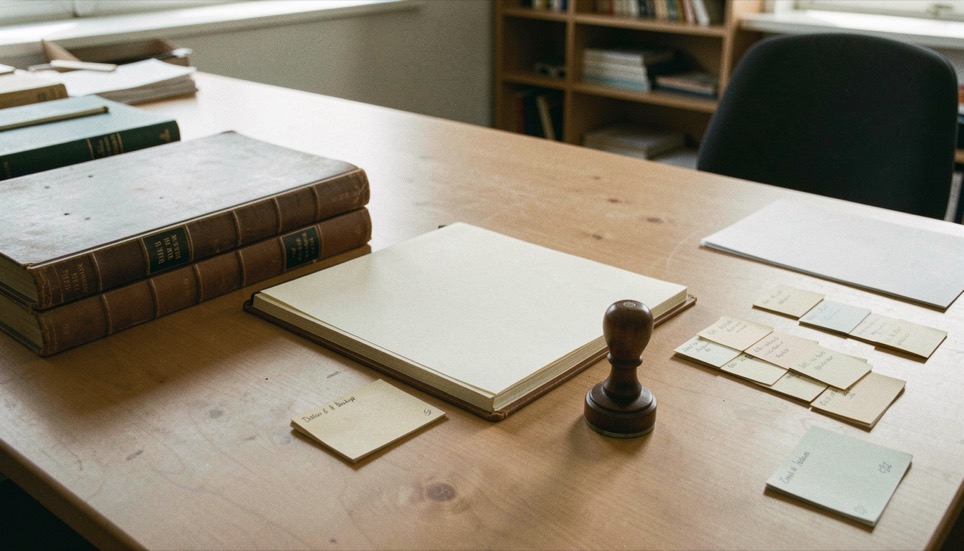 Documentary photograph of bound chronicle volumes, a blank ledger, a wooden stamp and loose index cards on a wide archive table, no readable writing, late afternoon light. Distinct section Dateien & Backup 6 composition for this editorial entry.