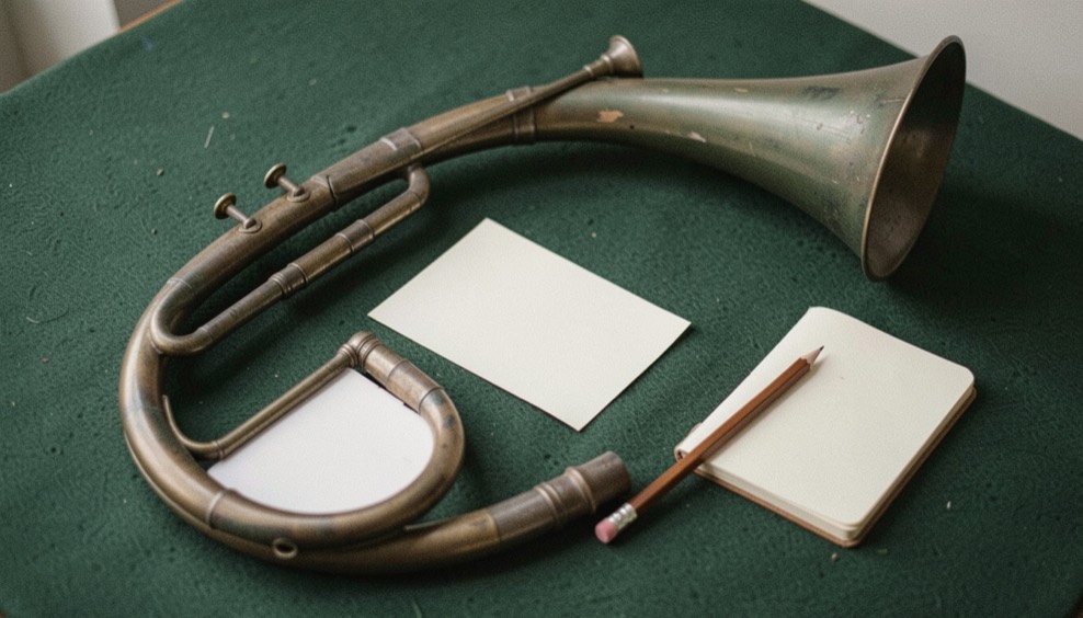 Documentary photograph of a hunting horn, blank sheet cards, a small notebook and a pencil on dark green felt, no readable text, soft window light. Distinct lead composition for this editorial entry.
