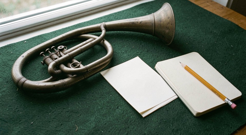 Documentary photograph of a hunting horn, blank sheet cards, a small notebook and a pencil on dark green felt, no readable text, soft window light. Distinct section Wissen 8 composition for this editorial entry.